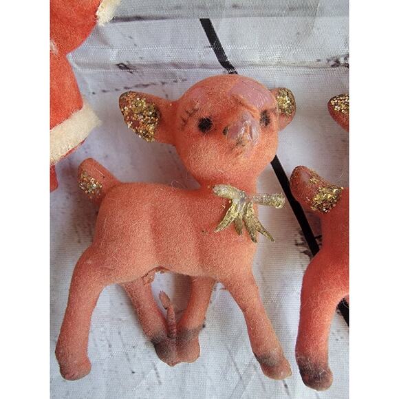 Vintage Flocked Santa Claus 2deer Figuresgold Glitter Made Hong Kong READ - Picture 2 of 11